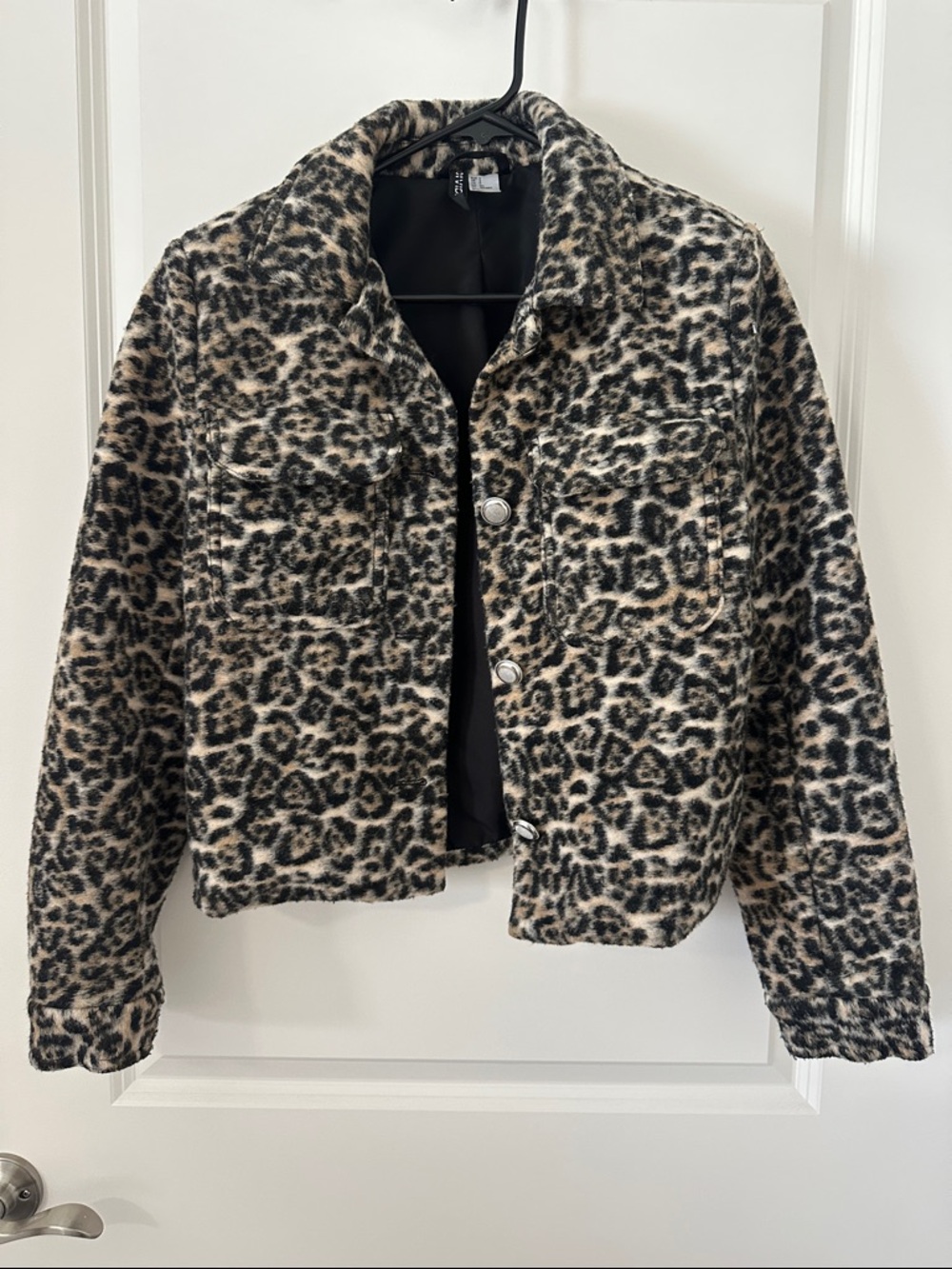H&M Leopard Print Teddy Jacket in Black and Cream